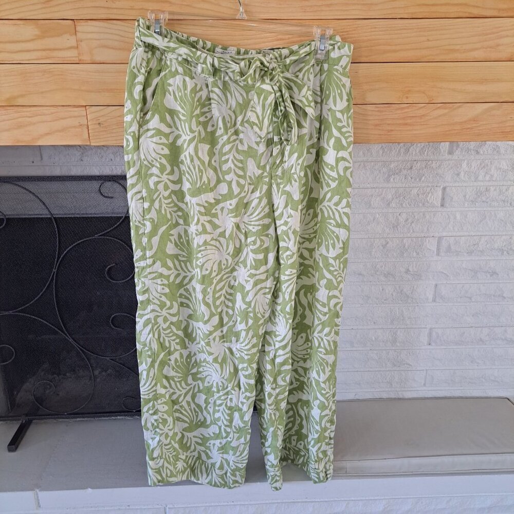 Rachel Zoe Xl Flax 100% Linen Tropical Wide Leg Pants Floral Green Cream Women's